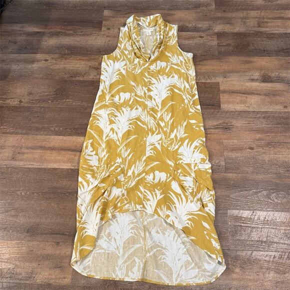 CYNTHIA ROWLEY Tropical Floral Linen Blend V-Neck HiLo Midi Dress size M Resort - Picture 1 of 8